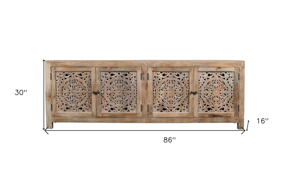 86" Natural Carved Floral Distressed Solid Wood Enclosed Storage TV Stand