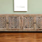 86" Natural Carved Floral Distressed Solid Wood Enclosed Storage TV Stand