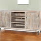60" Ivory Carved Geometric Distressed Solid Wood Enclosed and Open Storage TV Stand