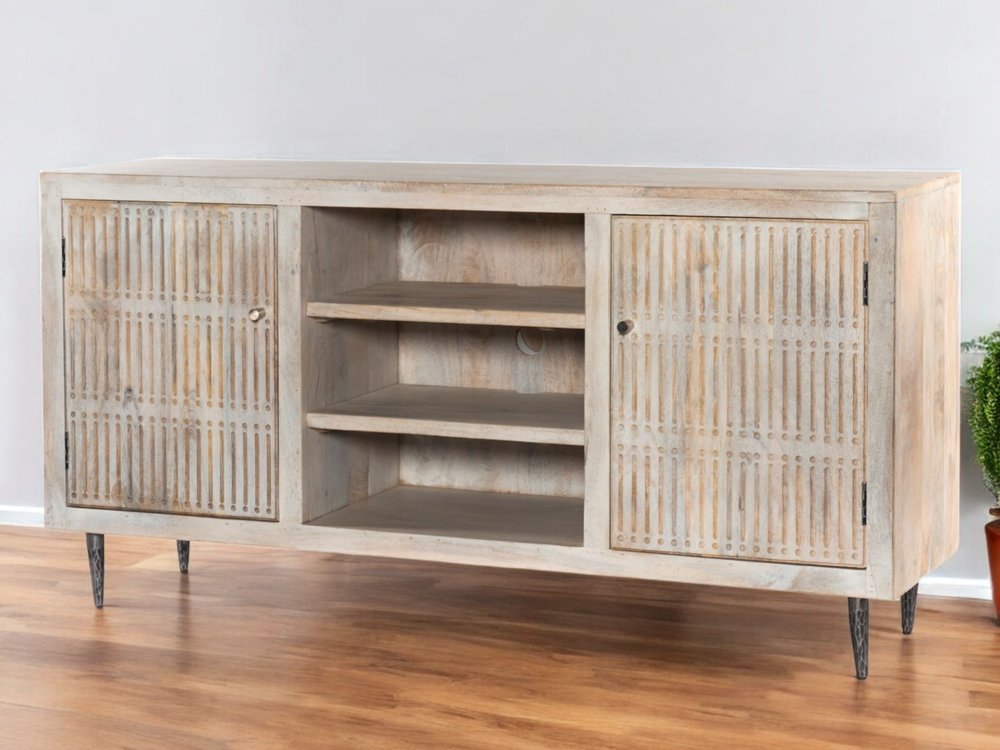 60" Ivory Carved Geometric Distressed Solid Wood Enclosed and Open Storage TV Stand