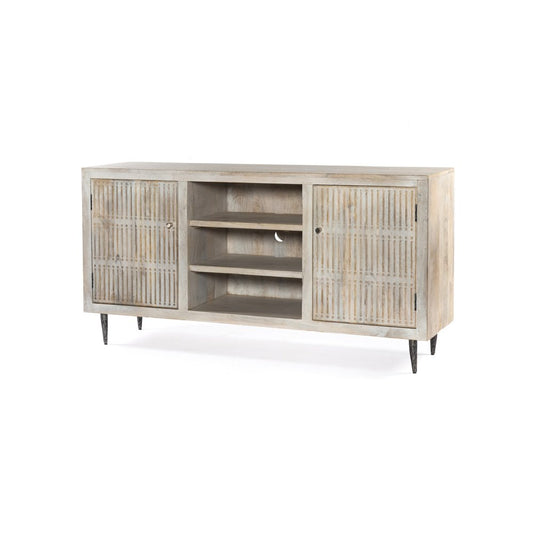 60" Ivory Carved Geometric Distressed Solid Wood Enclosed and Open Storage TV Stand