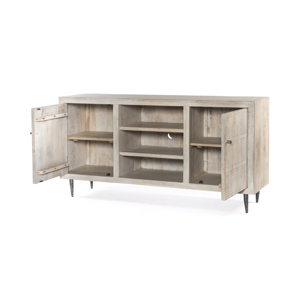 60" Ivory Carved Geometric Distressed Solid Wood Enclosed and Open Storage TV Stand