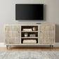 60" Ivory Carved Geometric Distressed Solid Wood Enclosed and Open Storage TV Stand