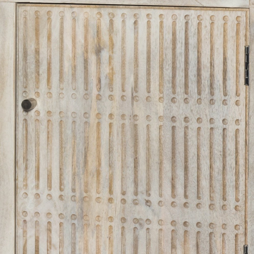 60" Ivory Carved Geometric Distressed Solid Wood Enclosed and Open Storage TV Stand