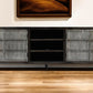 92" Dark Brown Carved Geometric Distressed Solid Wood Enclosed and Open Storage TV Stand