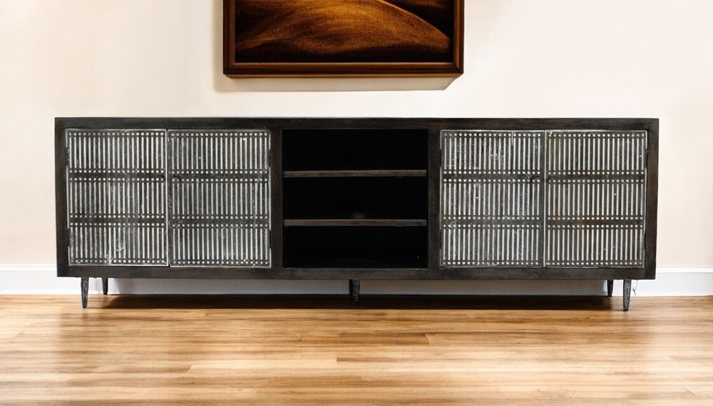 92" Dark Brown Carved Geometric Distressed Solid Wood Enclosed and Open Storage TV Stand