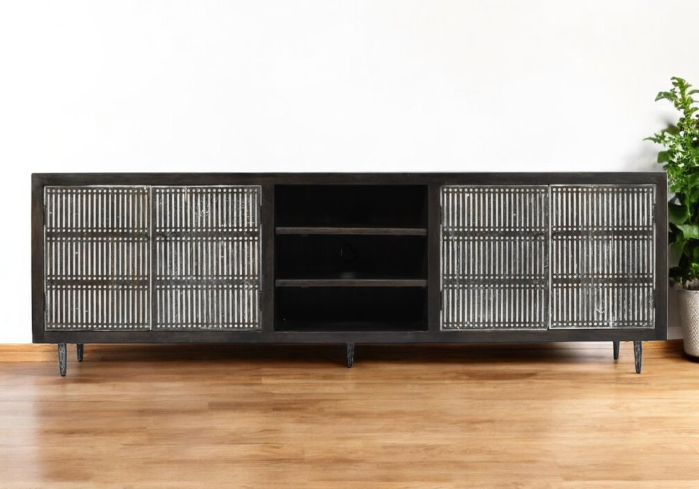 92" Dark Brown Carved Geometric Distressed Solid Wood Enclosed and Open Storage TV Stand