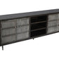 92" Dark Brown Carved Geometric Distressed Solid Wood Enclosed and Open Storage TV Stand