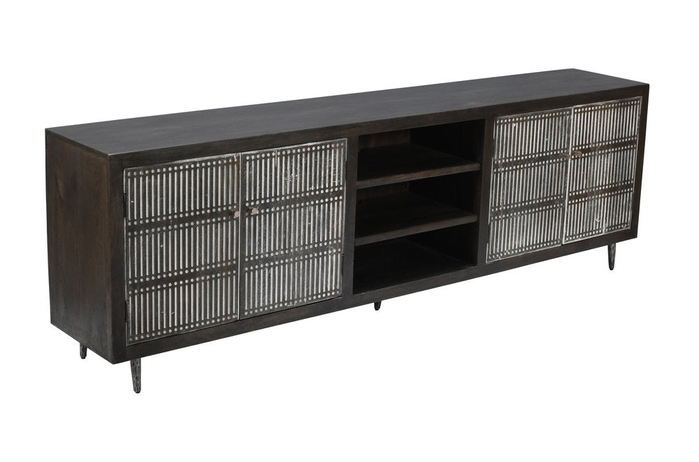 92" Dark Brown Carved Geometric Distressed Solid Wood Enclosed and Open Storage TV Stand