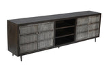 92" Dark Brown Carved Geometric Distressed Solid Wood Enclosed and Open Storage TV Stand