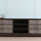 92" Dark Brown Carved Geometric Distressed Solid Wood Enclosed and Open Storage TV Stand