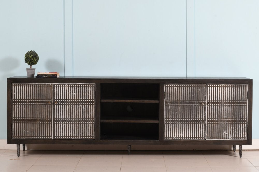 92" Dark Brown Carved Geometric Distressed Solid Wood Enclosed and Open Storage TV Stand