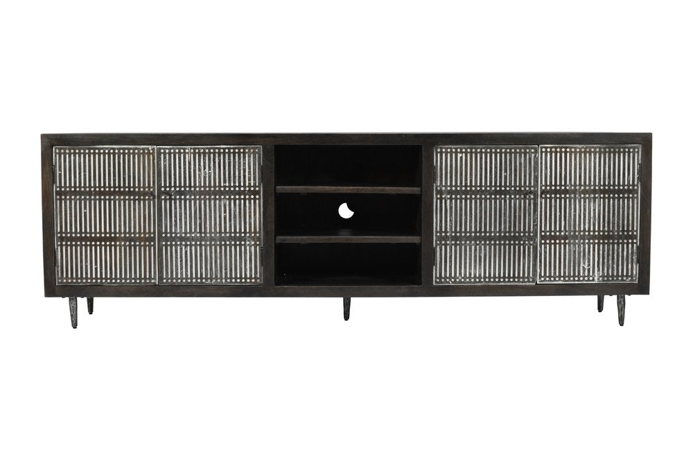 92" Dark Brown Carved Geometric Distressed Solid Wood Enclosed and Open Storage TV Stand