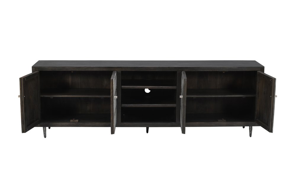 92" Dark Brown Carved Geometric Distressed Solid Wood Enclosed and Open Storage TV Stand