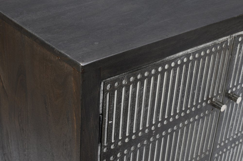 92" Dark Brown Carved Geometric Distressed Solid Wood Enclosed and Open Storage TV Stand