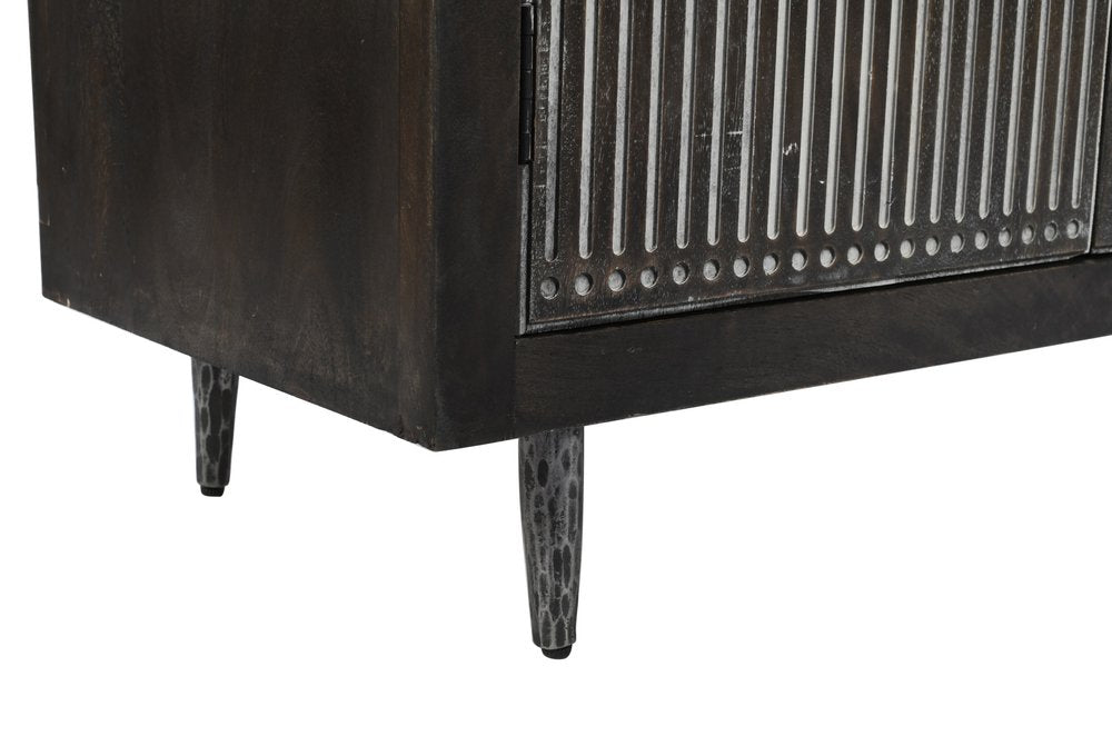 92" Dark Brown Carved Geometric Distressed Solid Wood Enclosed and Open Storage TV Stand