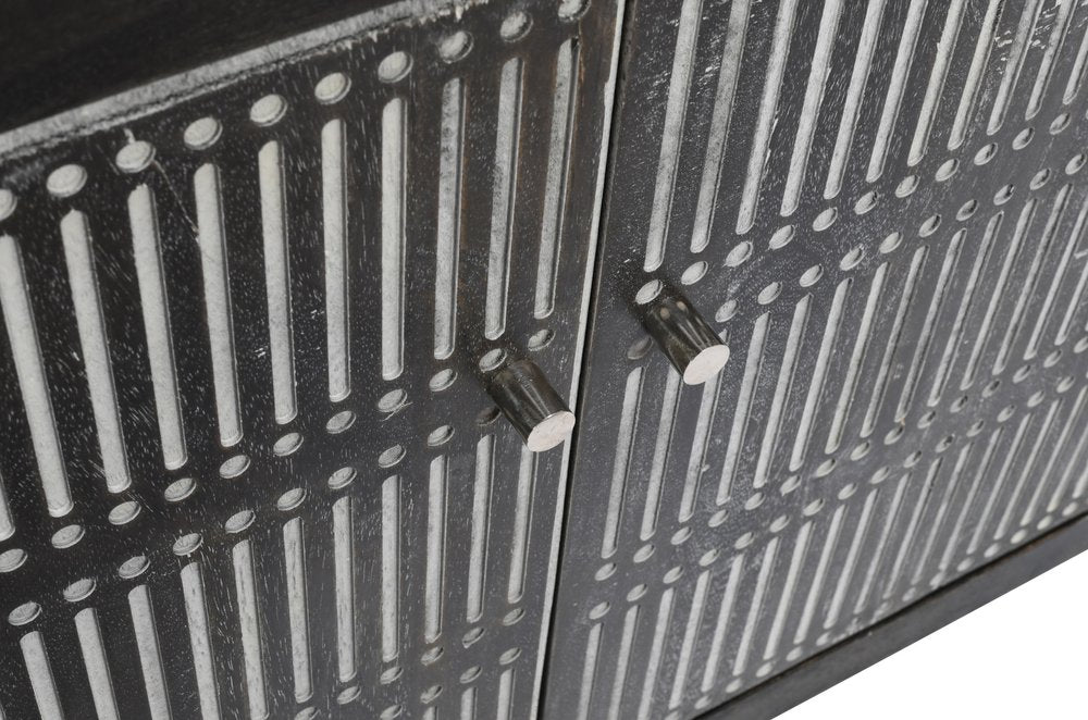 92" Dark Brown Carved Geometric Distressed Solid Wood Enclosed and Open Storage TV Stand