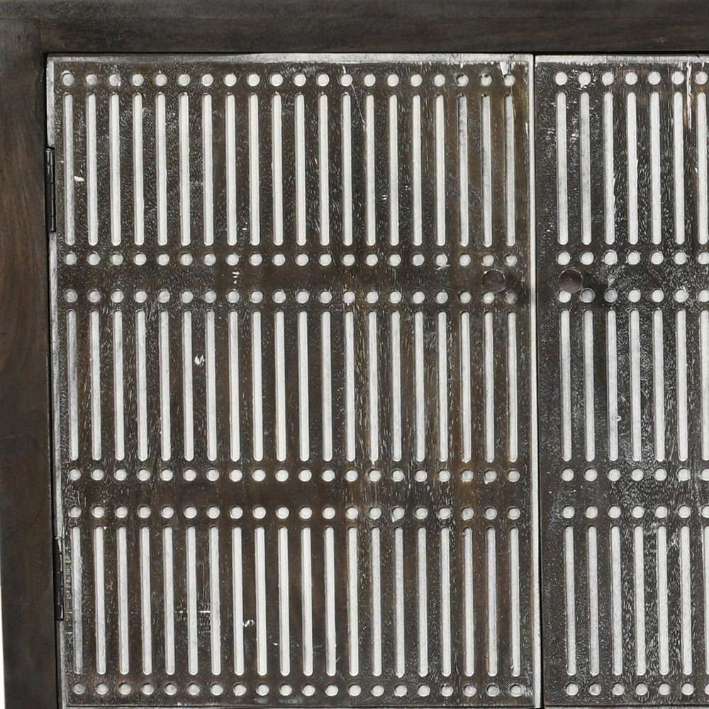 92" Dark Brown Carved Geometric Distressed Solid Wood Enclosed and Open Storage TV Stand