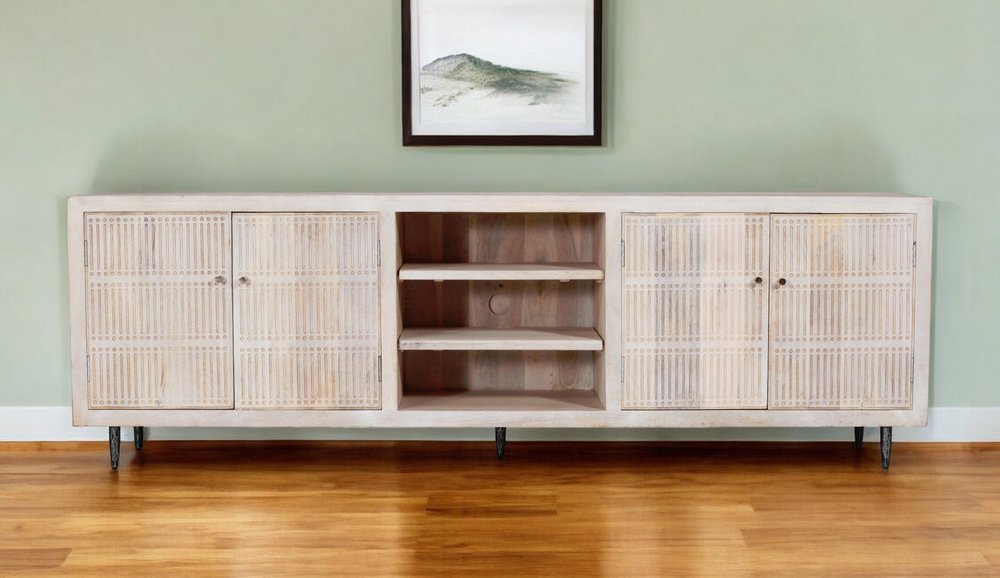 92" Ivory Carved Geometric Distressed Solid Wood Enclosed and Open Storage TV Stand