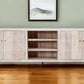 92" Ivory Carved Geometric Distressed Solid Wood Enclosed and Open Storage TV Stand