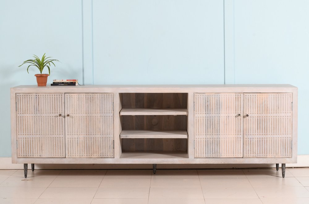 92" Ivory Carved Geometric Distressed Solid Wood Enclosed and Open Storage TV Stand