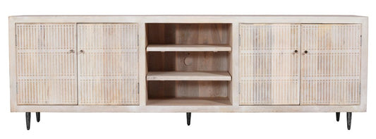 92" Ivory Carved Geometric Distressed Solid Wood Enclosed and Open Storage TV Stand