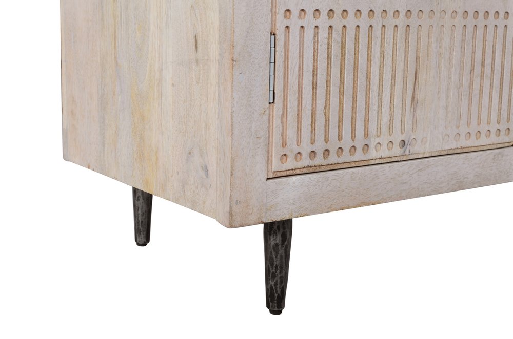 92" Ivory Carved Geometric Distressed Solid Wood Enclosed and Open Storage TV Stand