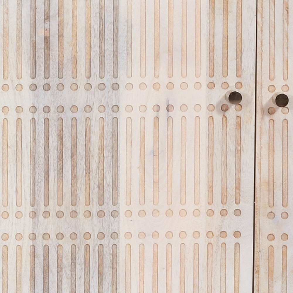 92" Ivory Carved Geometric Distressed Solid Wood Enclosed and Open Storage TV Stand