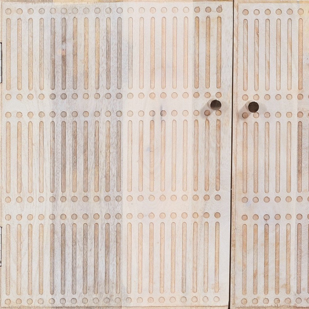 92" Ivory Carved Geometric Distressed Solid Wood Enclosed and Open Storage TV Stand