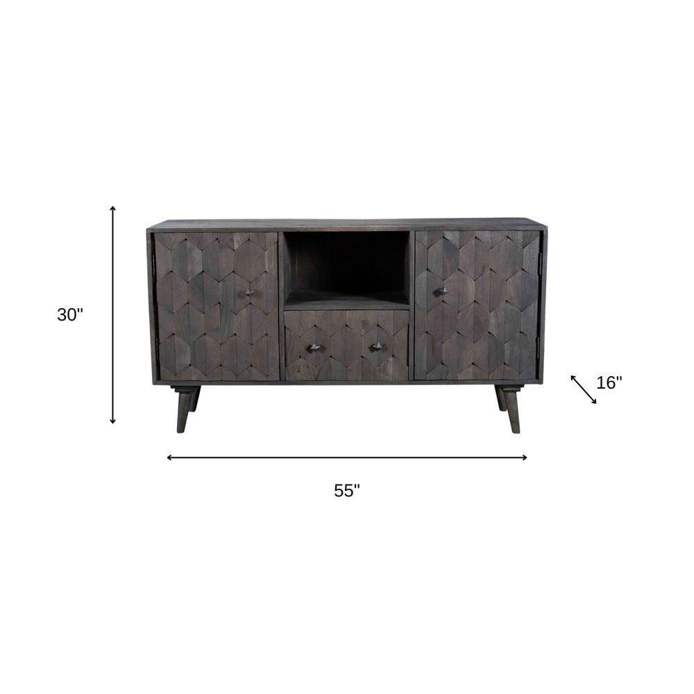 55" Dark Gray Carved Geometric Distressed Solid Wood Enclosed and Open Storage TV Stand