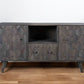 55" Dark Gray Carved Geometric Distressed Solid Wood Enclosed and Open Storage TV Stand
