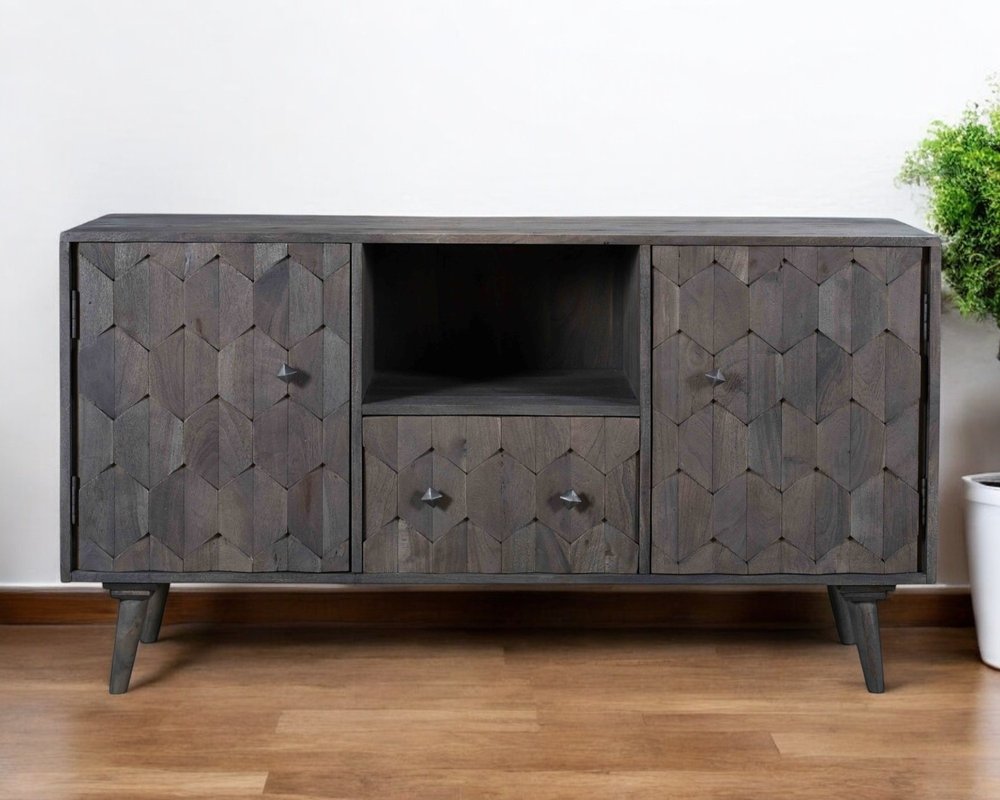 55" Dark Gray Carved Geometric Distressed Solid Wood Enclosed and Open Storage TV Stand