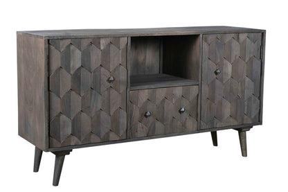 55" Dark Gray Carved Geometric Distressed Solid Wood Enclosed and Open Storage TV Stand