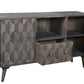 55" Dark Gray Carved Geometric Distressed Solid Wood Enclosed and Open Storage TV Stand