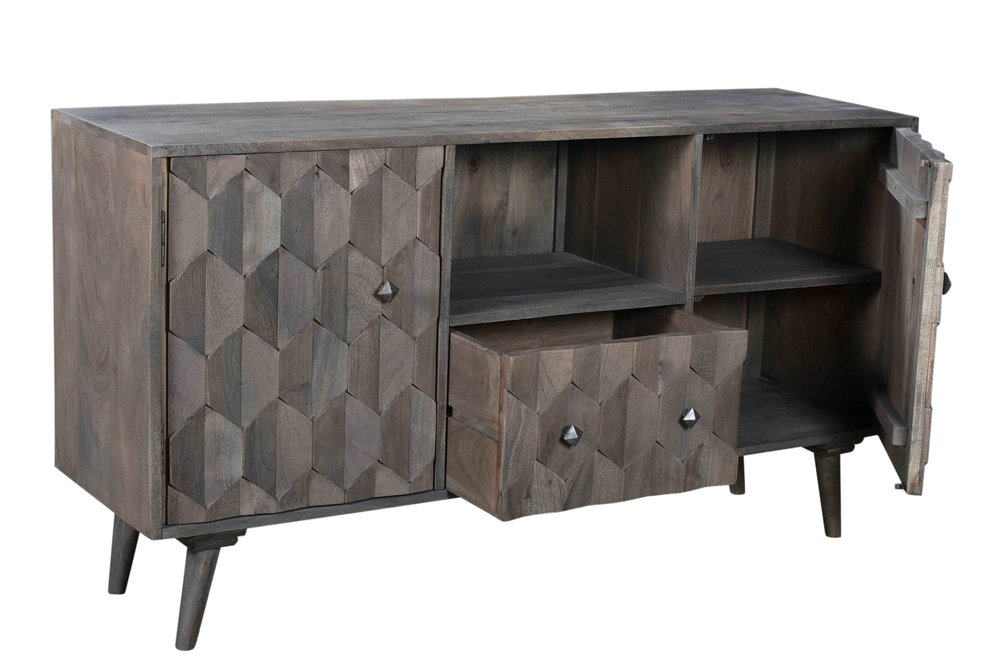 55" Dark Gray Carved Geometric Distressed Solid Wood Enclosed and Open Storage TV Stand