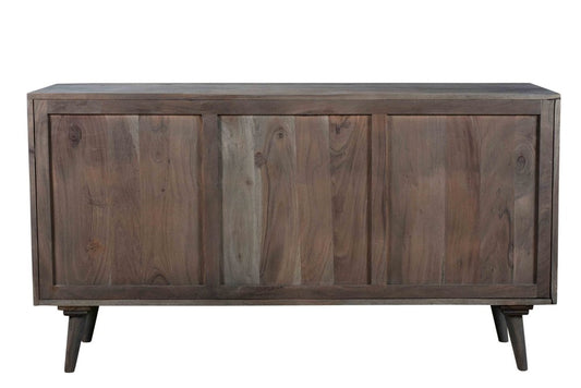 55" Dark Gray Carved Geometric Distressed Solid Wood Enclosed and Open Storage TV Stand