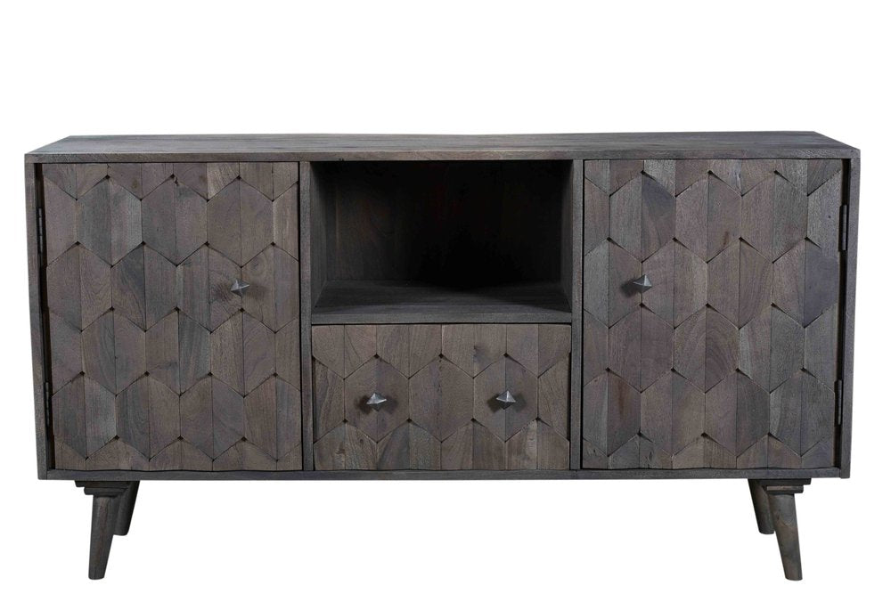 55" Dark Gray Carved Geometric Distressed Solid Wood Enclosed and Open Storage TV Stand