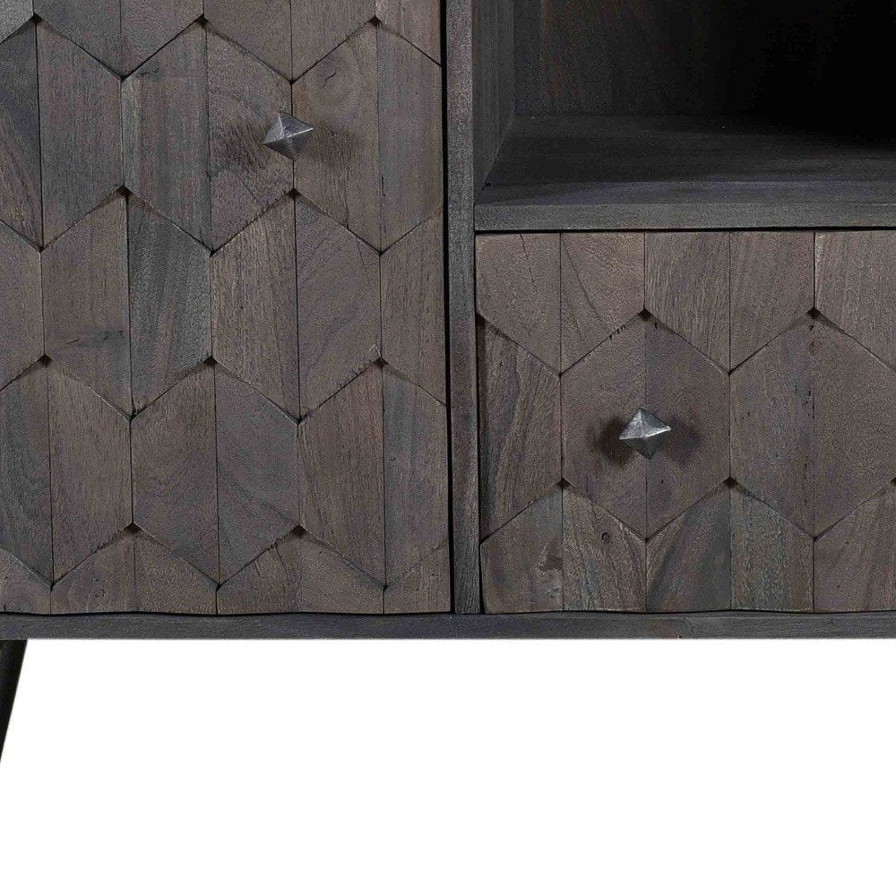 55" Dark Gray Carved Geometric Distressed Solid Wood Enclosed and Open Storage TV Stand