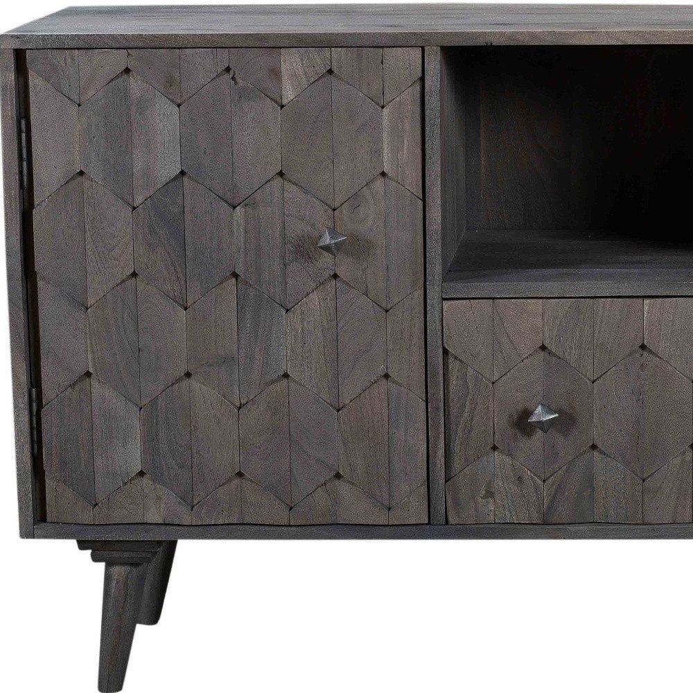 55" Dark Gray Carved Geometric Distressed Solid Wood Enclosed and Open Storage TV Stand