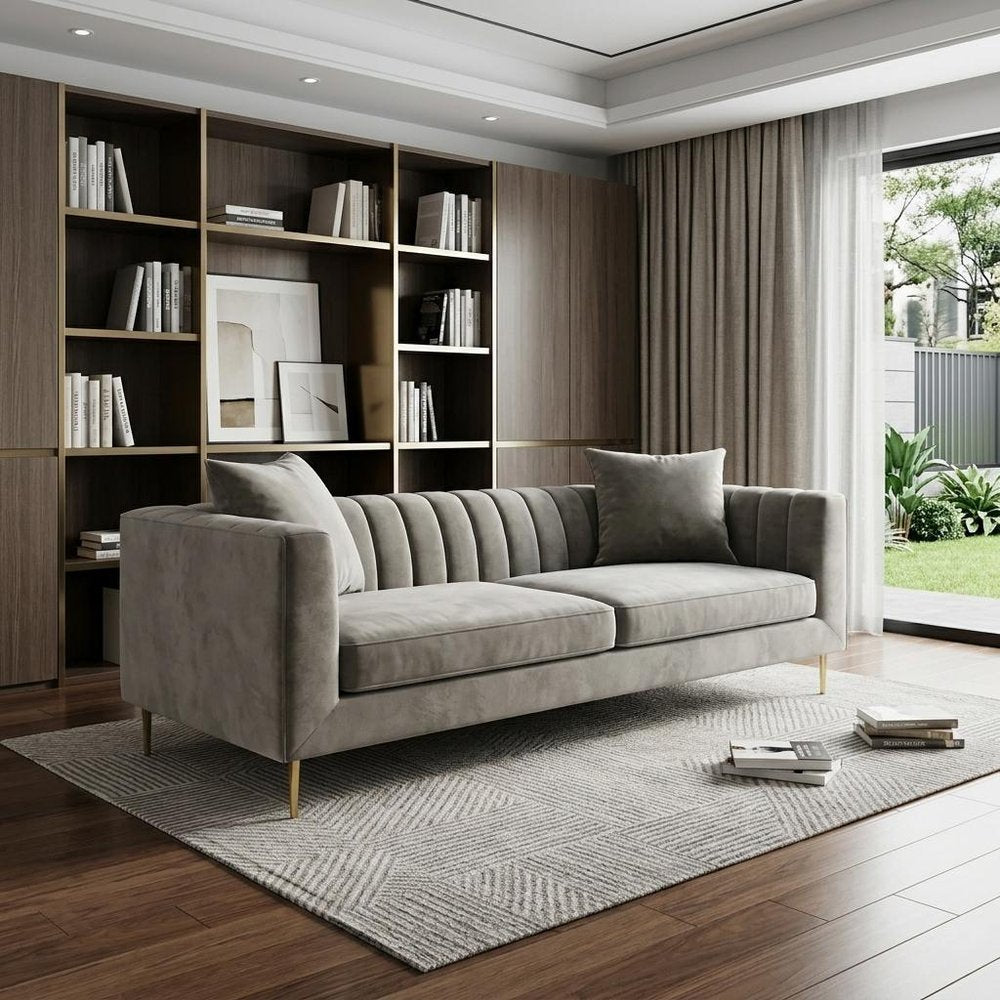 90" Gray Brown Velvet Sofa And Toss Pillows With Gold Legs