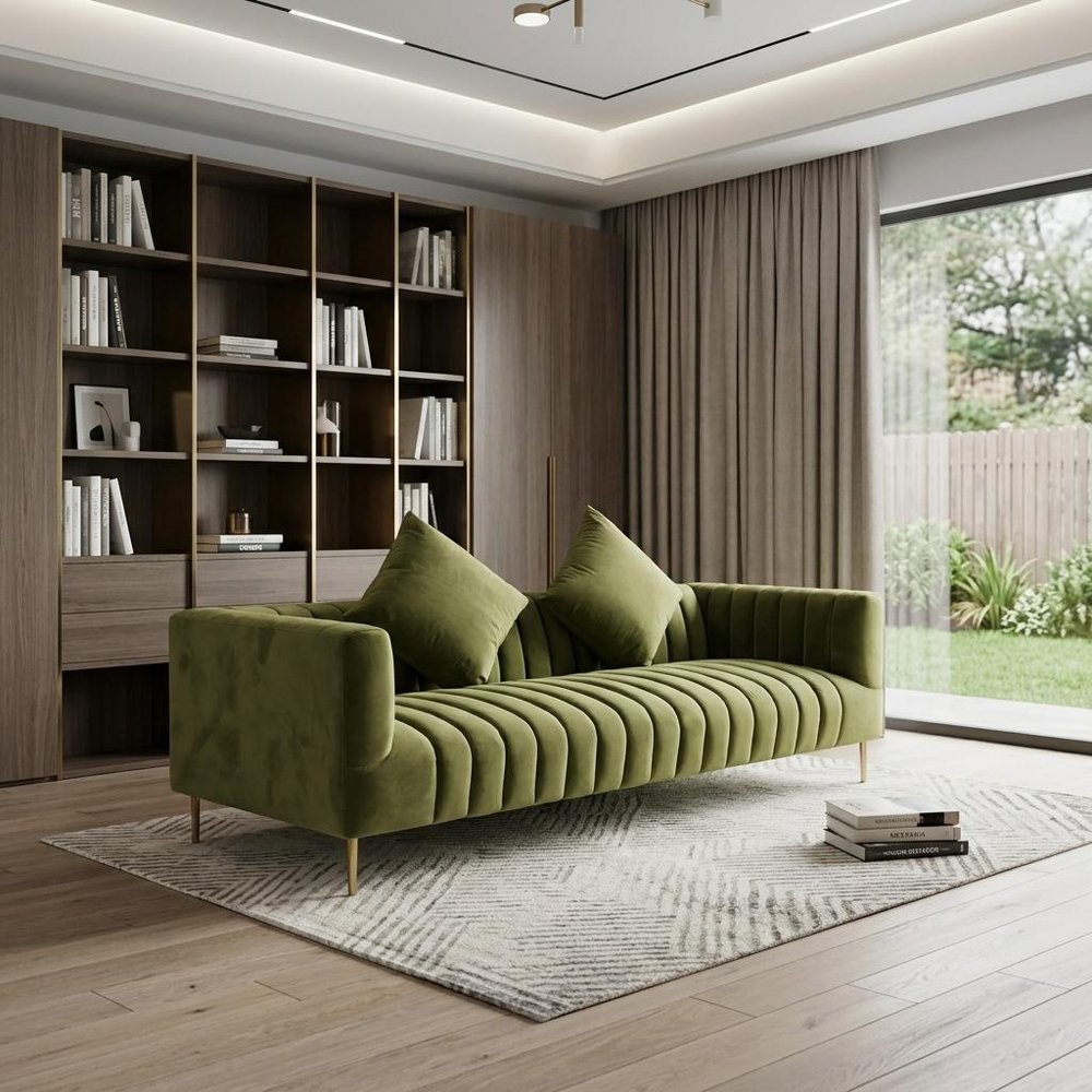90" Olive Green Velvet Sofa And Toss Pillows With Gold Legs