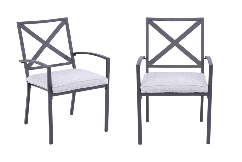 Set of Two Dark Gray Aluminum Outdoor Stacking Dining Chairs with Light Gray Cushion