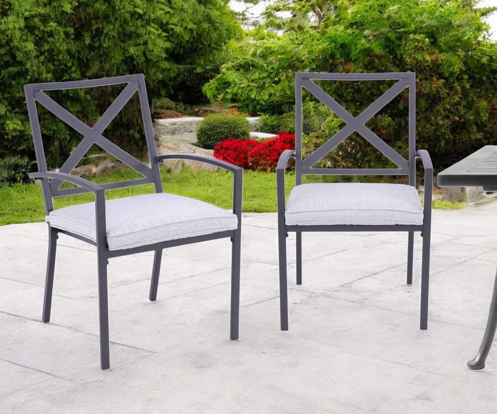 Set of Two Dark Gray Aluminum Outdoor Stacking Dining Chairs with Light Gray Cushion