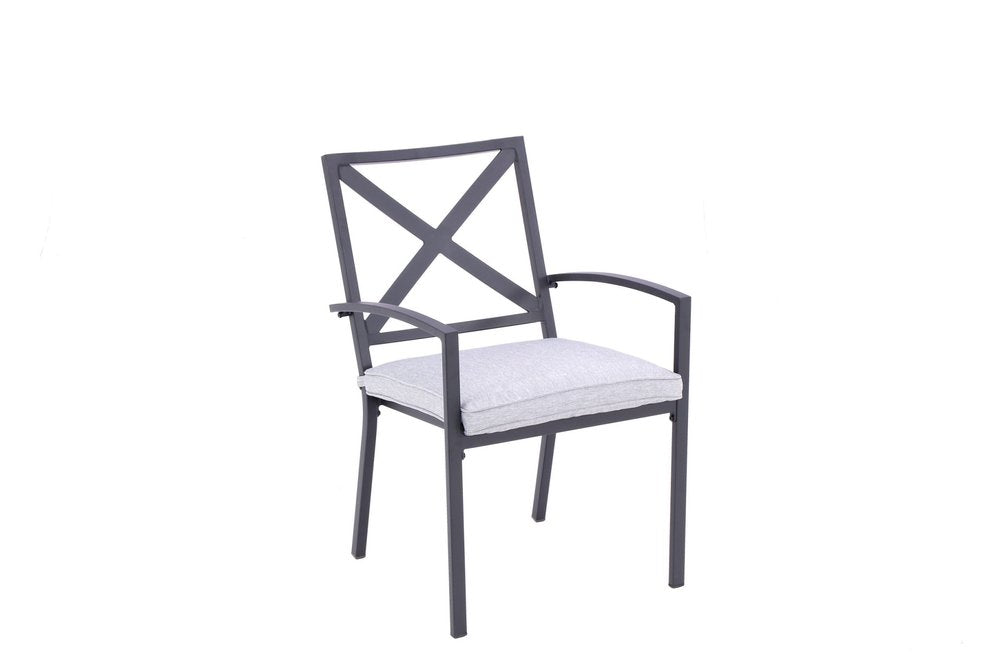 Set of Two Dark Gray Aluminum Outdoor Stacking Dining Chairs with Light Gray Cushion