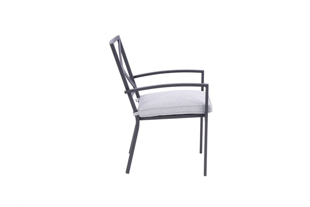 Set of Two Dark Gray Aluminum Outdoor Stacking Dining Chairs with Light Gray Cushion