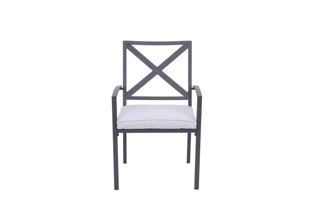 Set of Two Dark Gray Aluminum Outdoor Stacking Dining Chairs with Light Gray Cushion