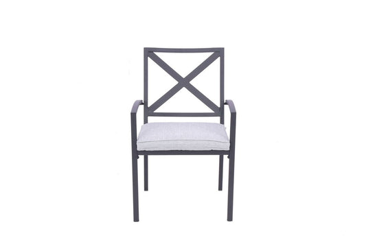Set of Two Dark Gray Aluminum Outdoor Stacking Dining Chairs with Light Gray Cushion