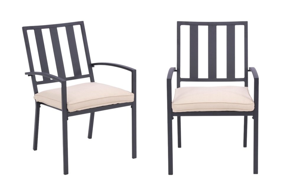 Set of Two Dark Gray Aluminum Outdoor Stacking Dining Chairs with Beige Cushion