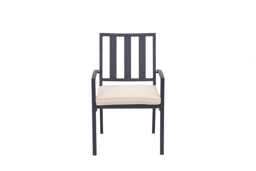 Set of Two Dark Gray Aluminum Outdoor Stacking Dining Chairs with Beige Cushion