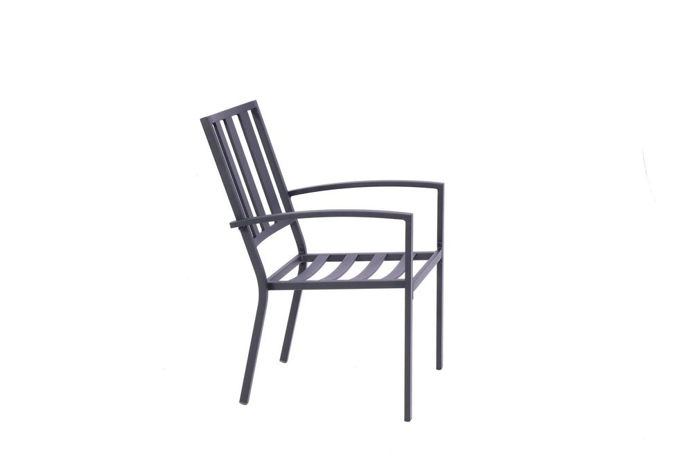 Set of Two Dark Gray Aluminum Outdoor Stacking Dining Chairs with Beige Cushion